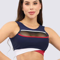 TOP AZUL MARINO CON MALLA FRONTAL Y BLOQUES DE COLOR RVC