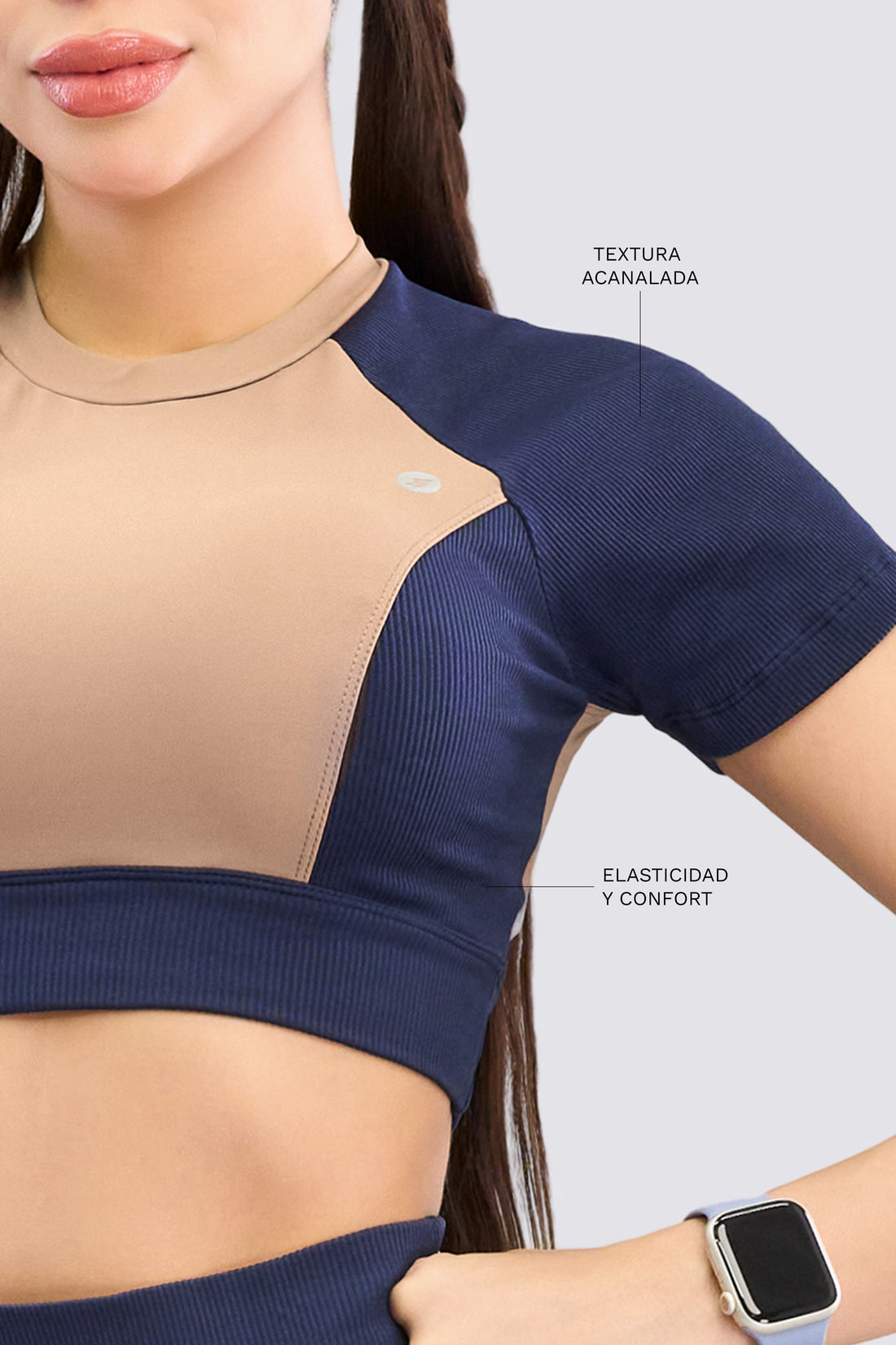 TOP DEPORTIVO CROP AZUL MARINO Y MOCCA RVC