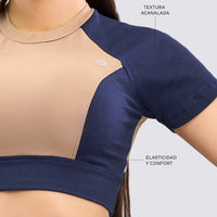 TOP DEPORTIVO CROP AZUL MARINO Y MOCCA RVC