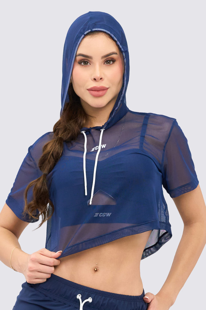 Hoodie deportivo color azul marino, con capucha ajustable