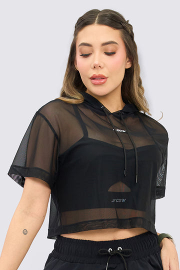 Hoodie color negro, con capucha ajustable, estilo holgado, perfecto para usar sobre tus tops favoritos. 