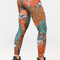 LEGGINGS PARA MUJER ELABORADO EN TELA SUPLEX, SUBLIMADO DE HOJAS TROPICALES. 