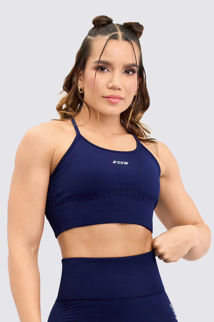 TOP SEAMLESS COLOR AZUL MARINO CON COPAS REMOVIBLES. 