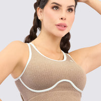 Top sin costuras color moca, venas en contraste, ajuste perfecto, perfecto para uso diario. 