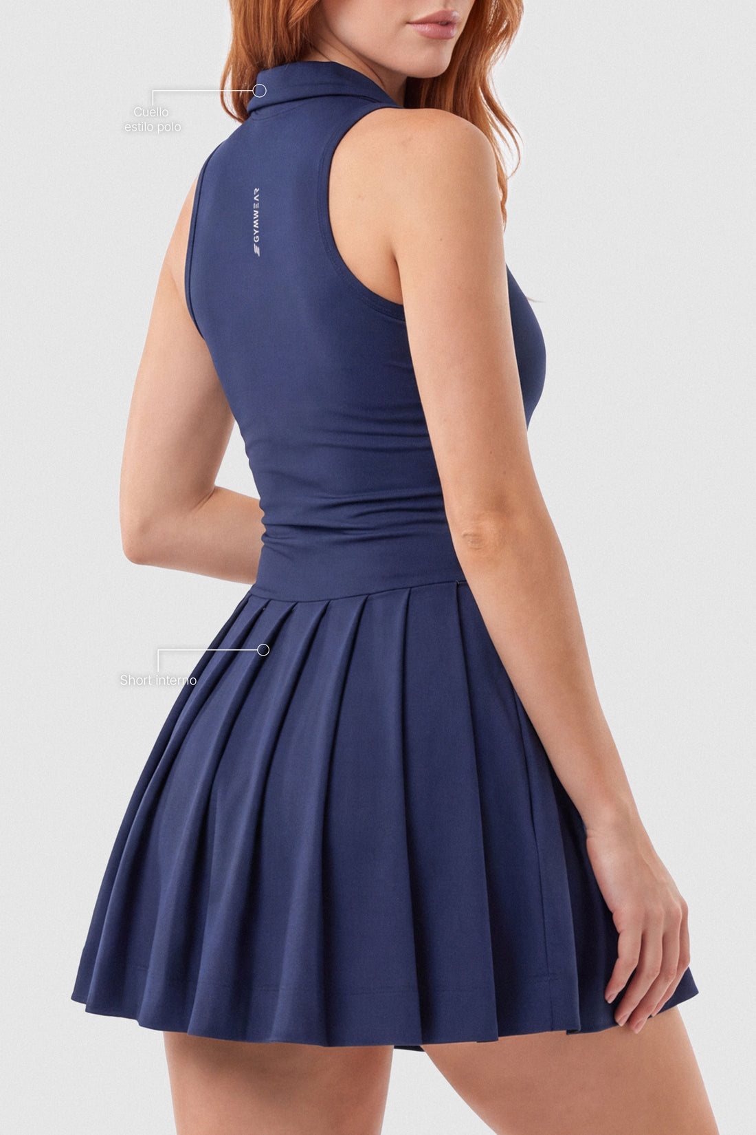 VESTIDO AZUL MARINO CUELLO ESTILO POLO Y FALDA CON PLIEGUES PPC